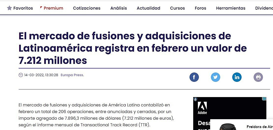 El mercado de fusiones y adquisiciones de Latinoamrica registra en febrero un valor de 7.212 millones